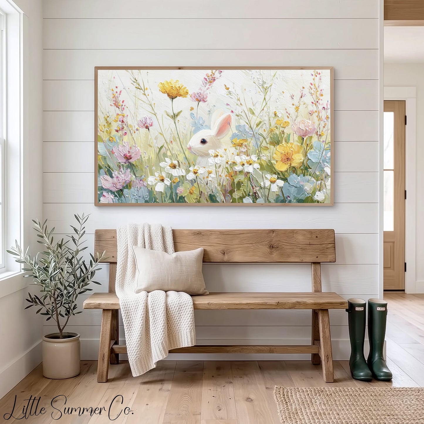 White Bunny Peeking Frame TV Art displayed on a TV