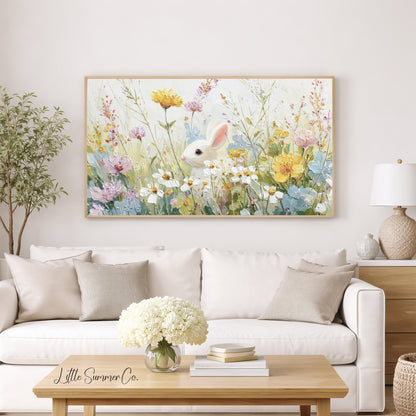 White Bunny Peeking Frame TV Art displayed on a TV