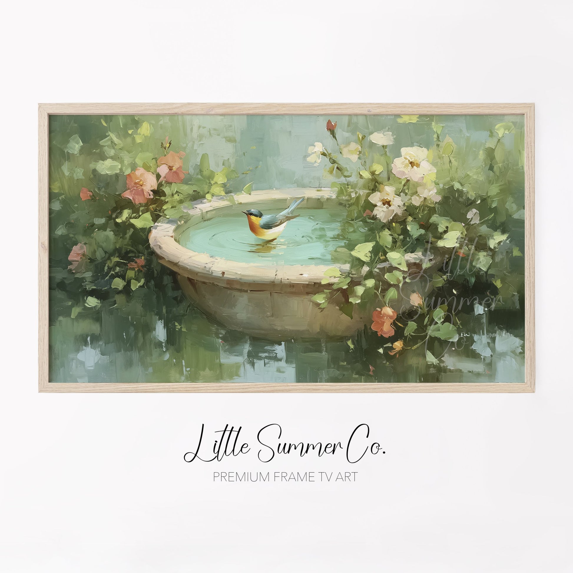 Songbird In Garden Birdbath Frame TV Art displayed on a TV