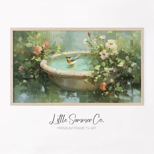 Songbird In Garden Birdbath Frame TV Art displayed on a TV