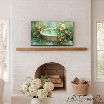 Songbird In Garden Birdbath Frame TV Art displayed on a TV