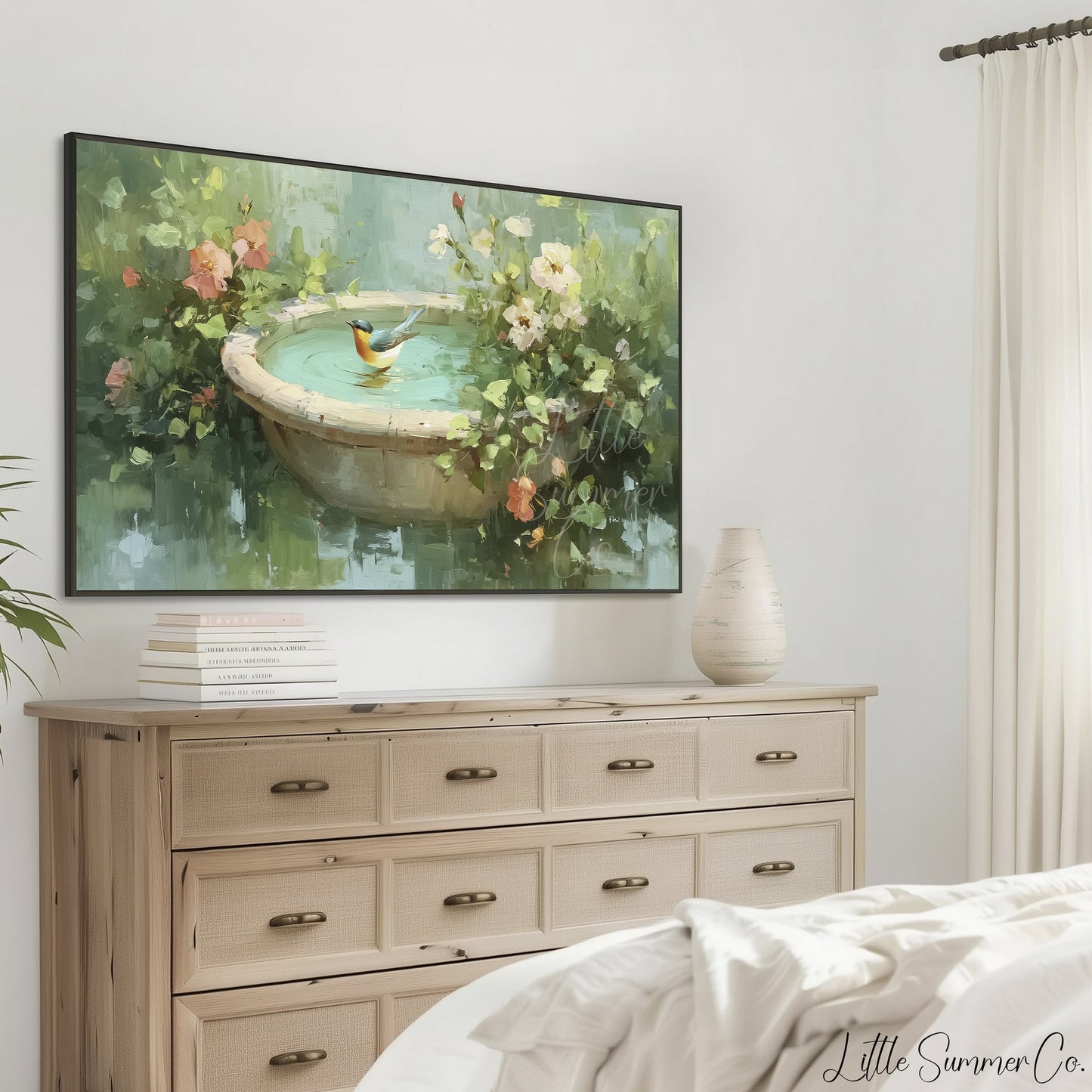 Songbird In Garden Birdbath Frame TV Art displayed on a TV