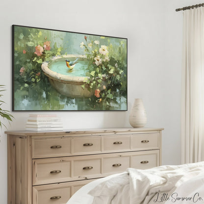 Songbird In Garden Birdbath Frame TV Art displayed on a TV