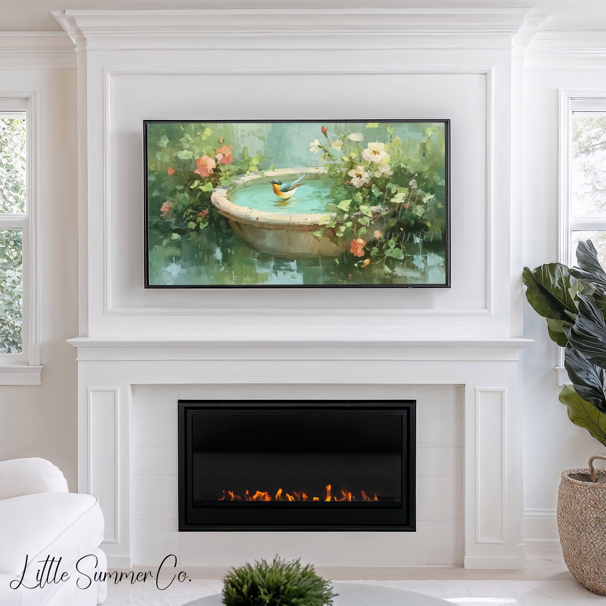 Songbird In Garden Birdbath Frame TV Art displayed on a TV