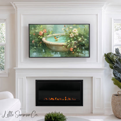 Songbird In Garden Birdbath Frame TV Art displayed on a TV