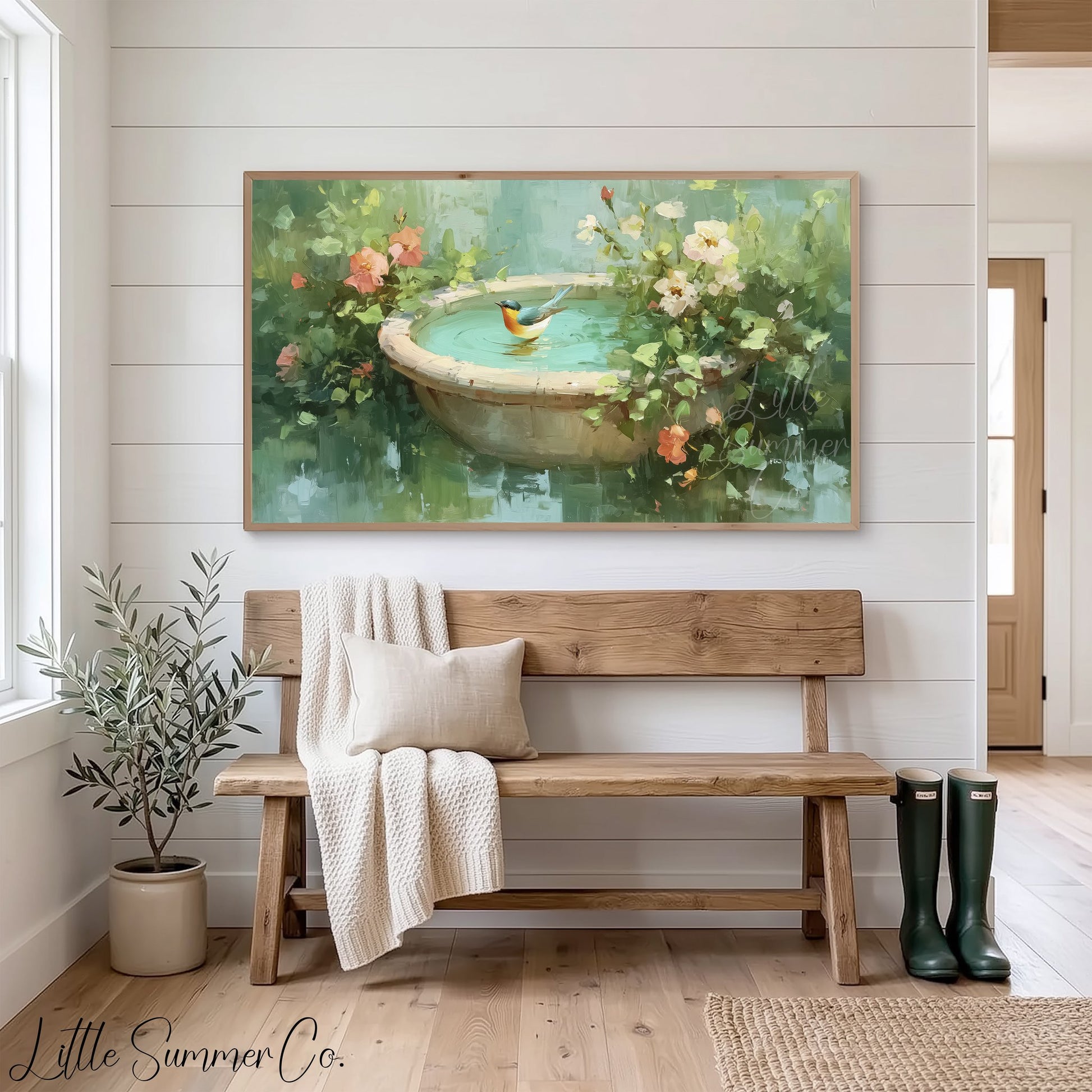 Songbird In Garden Birdbath Frame TV Art displayed on a TV
