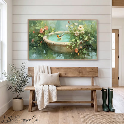 Songbird In Garden Birdbath Frame TV Art displayed on a TV