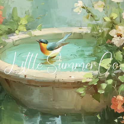 Songbird In Garden Birdbath Frame TV Art displayed on a TV