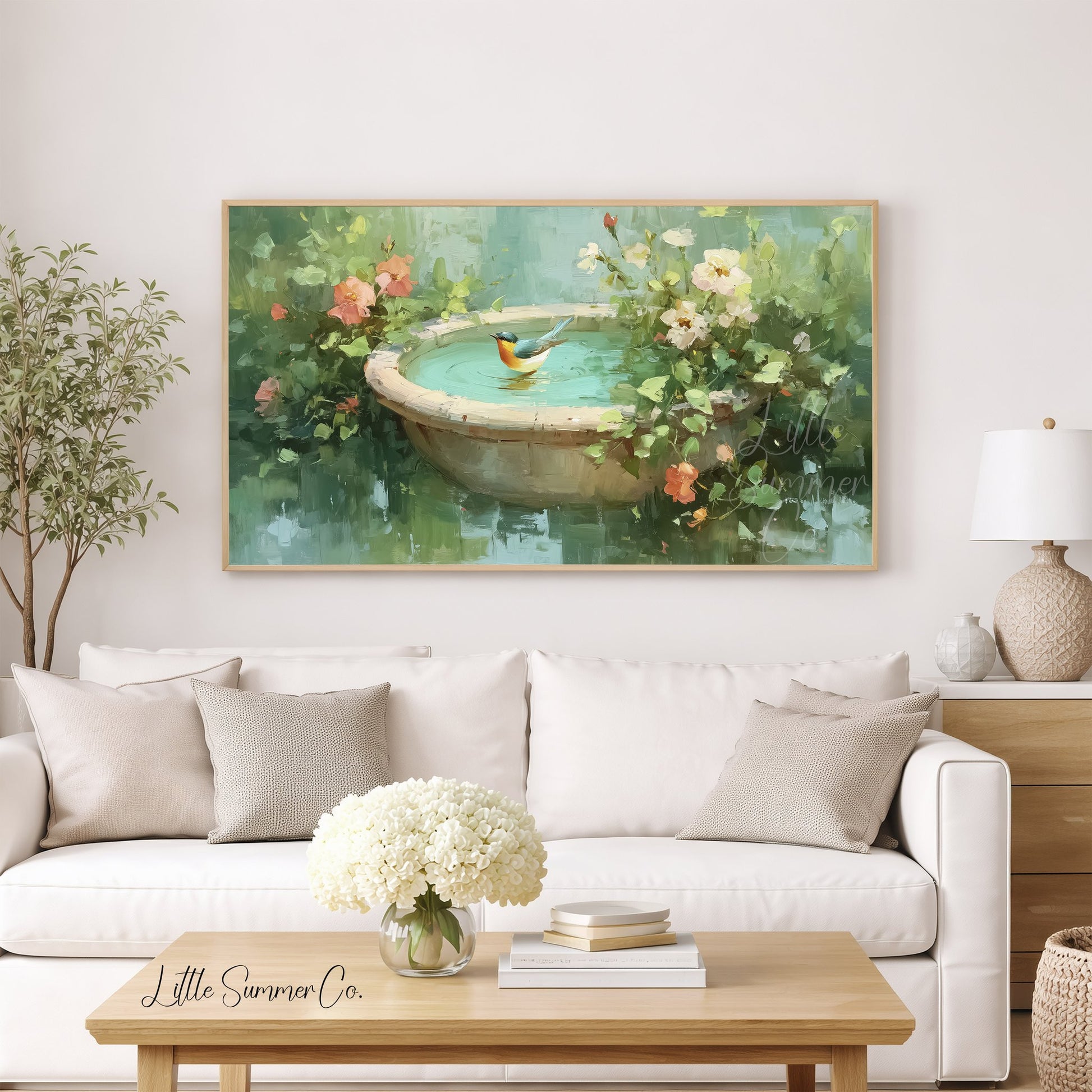 Songbird In Garden Birdbath Frame TV Art displayed on a TV