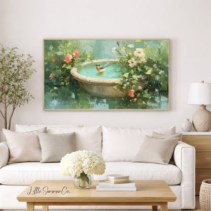 Songbird In Garden Birdbath Frame TV Art displayed on a TV