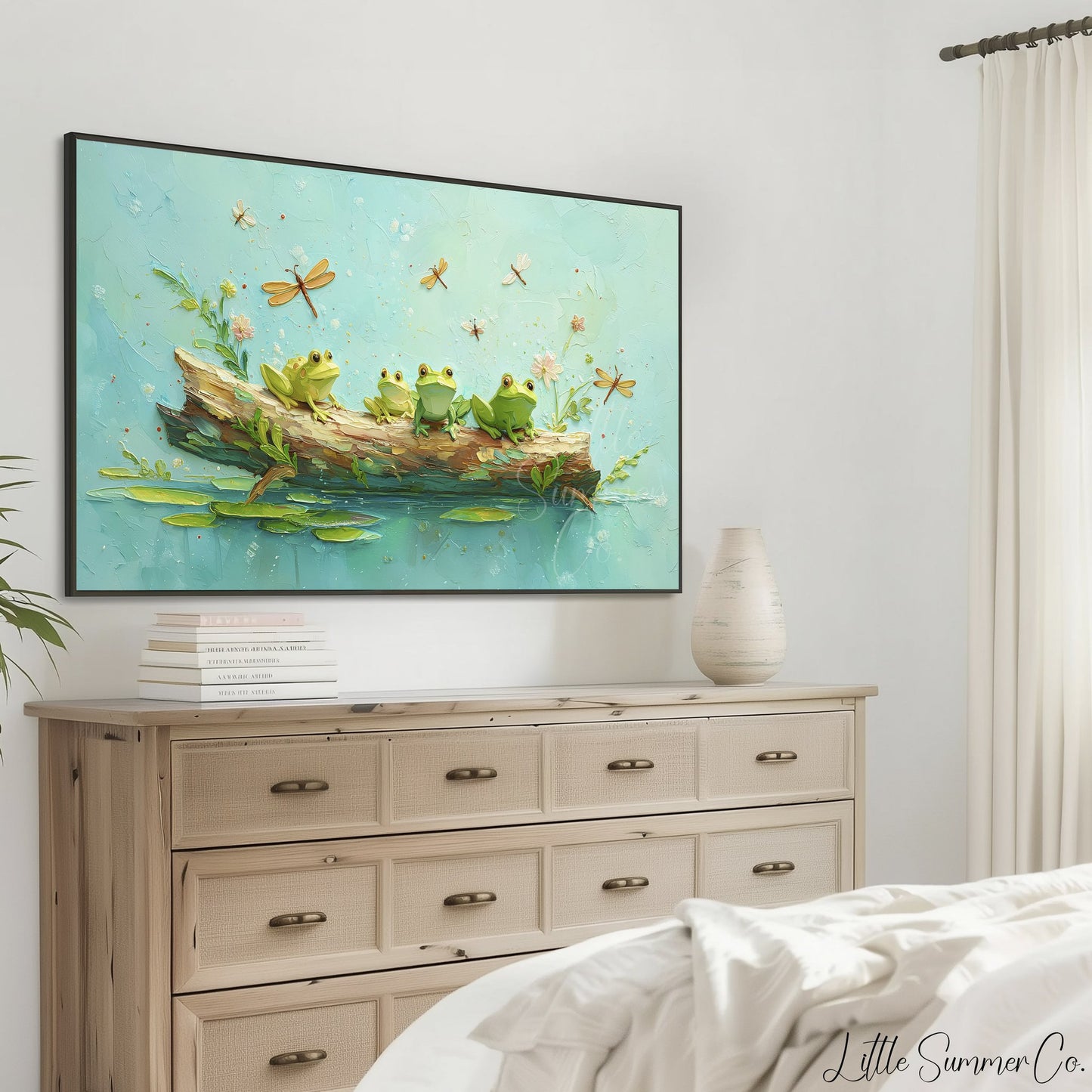 Frogs on a Log Frame TV Art displayed on a TV