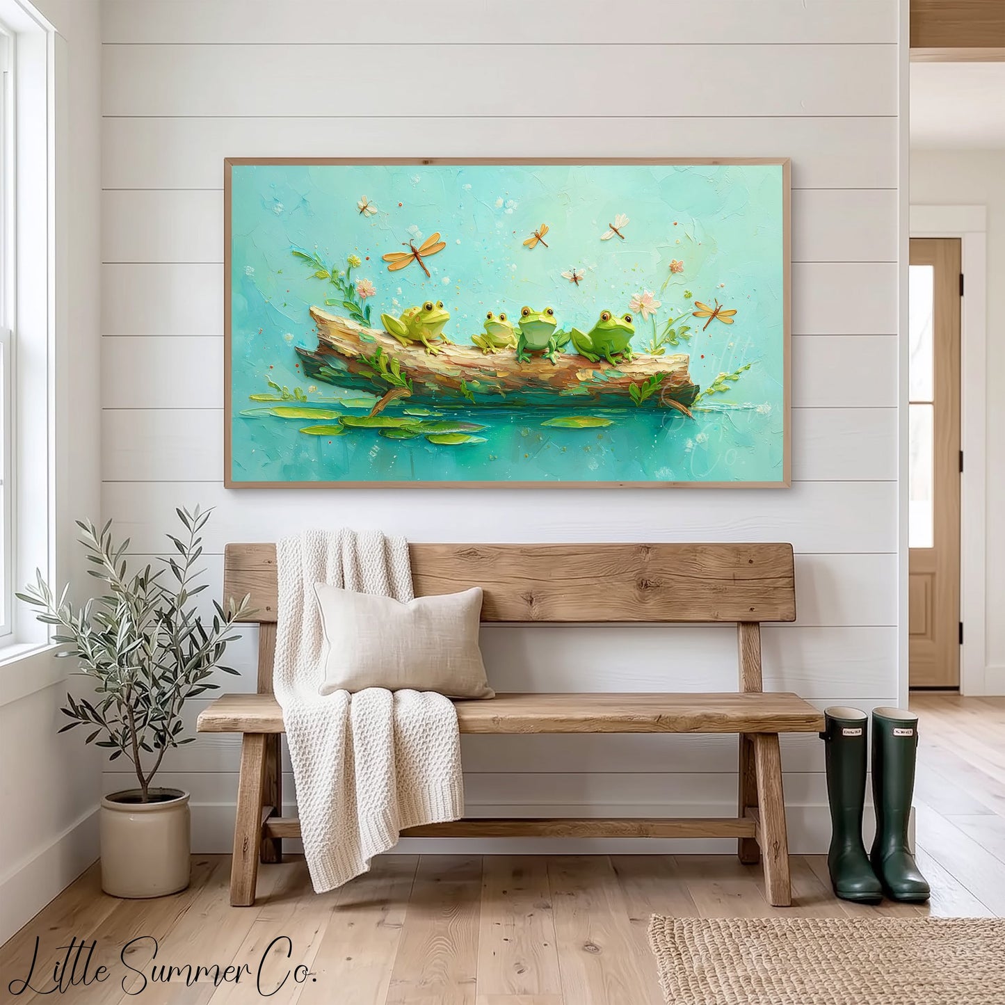 Frogs on a Log Frame TV Art displayed on a TV