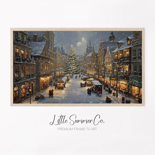 Christmas Market Town Square Frame TV Art displayed on a TV