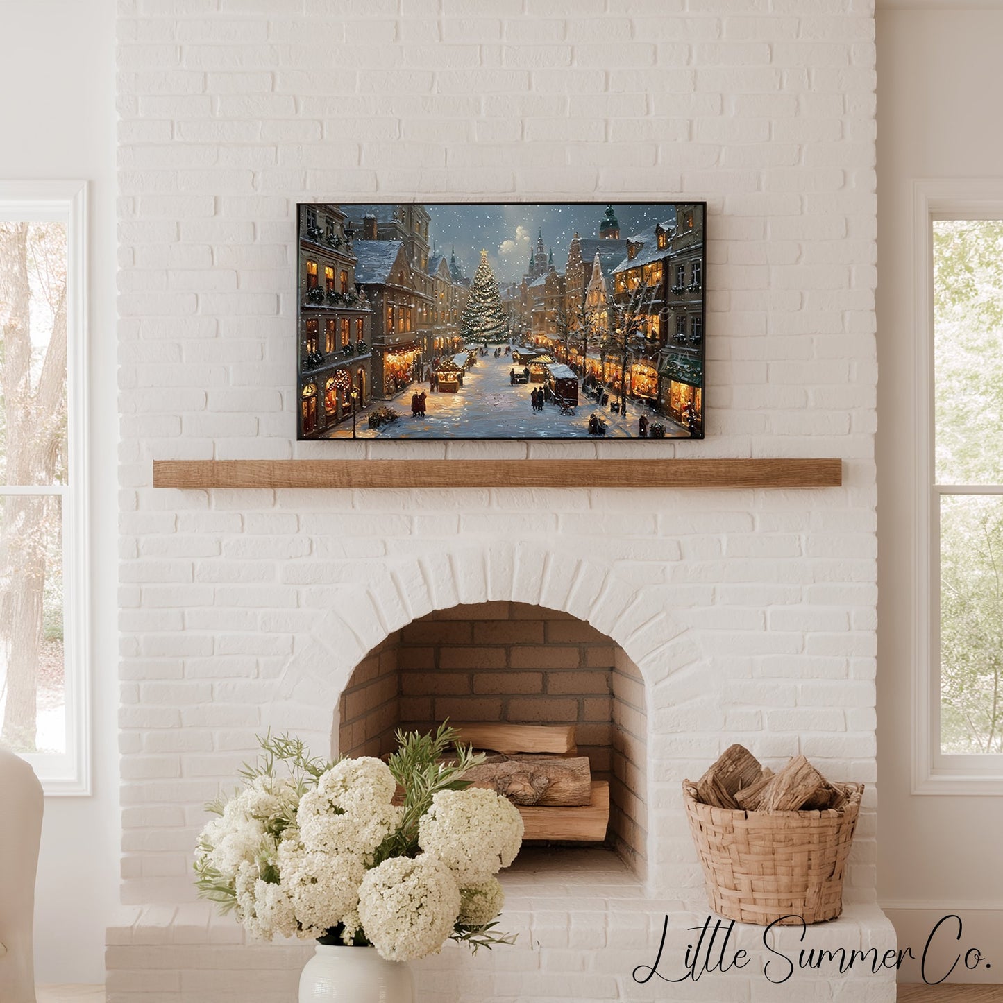 Christmas Market Town Square Frame TV Art displayed on a TV