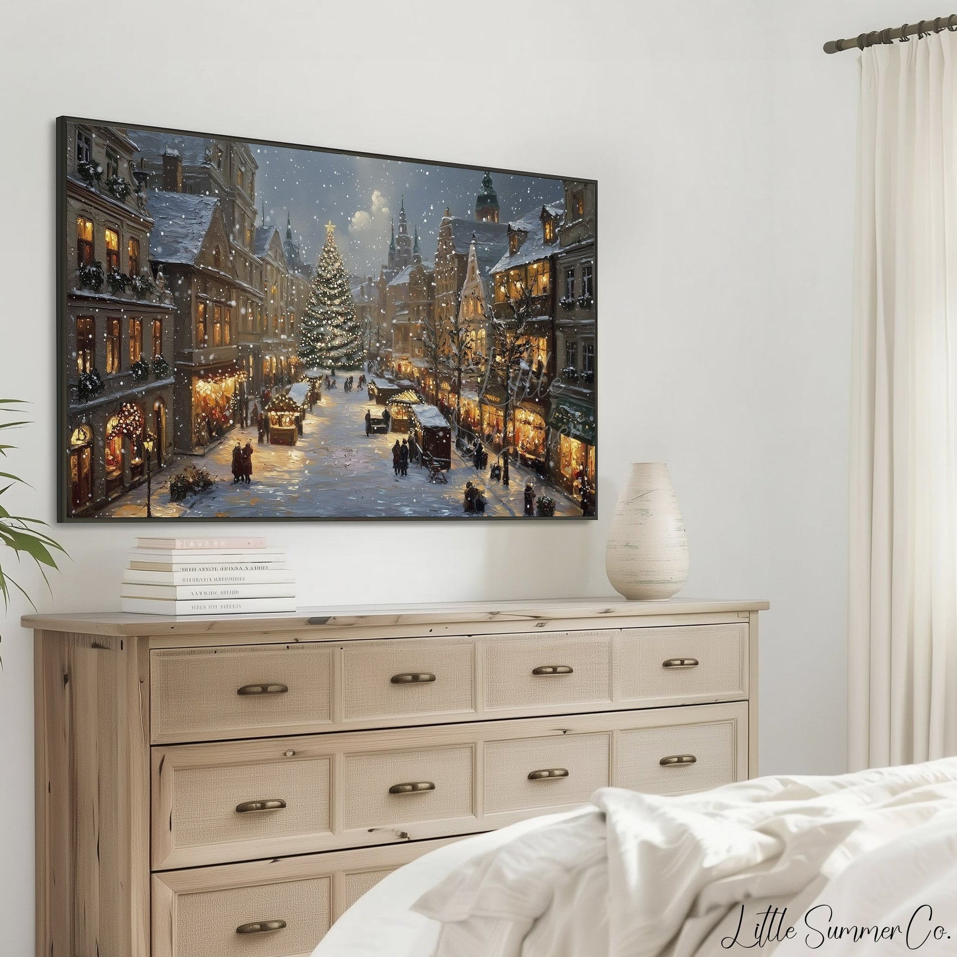 Christmas Market Town Square Frame TV Art displayed on a TV