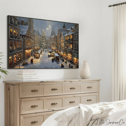 Christmas Market Town Square Frame TV Art displayed on a TV