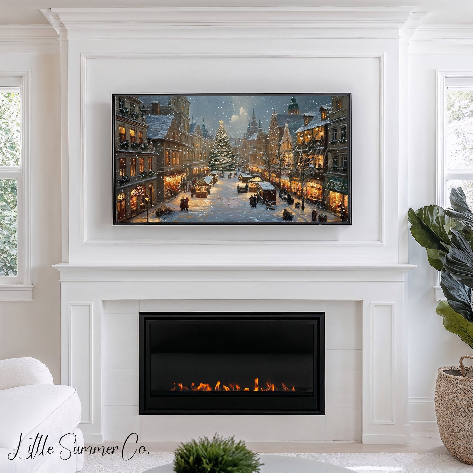 Christmas Market Town Square Frame TV Art displayed on a TV