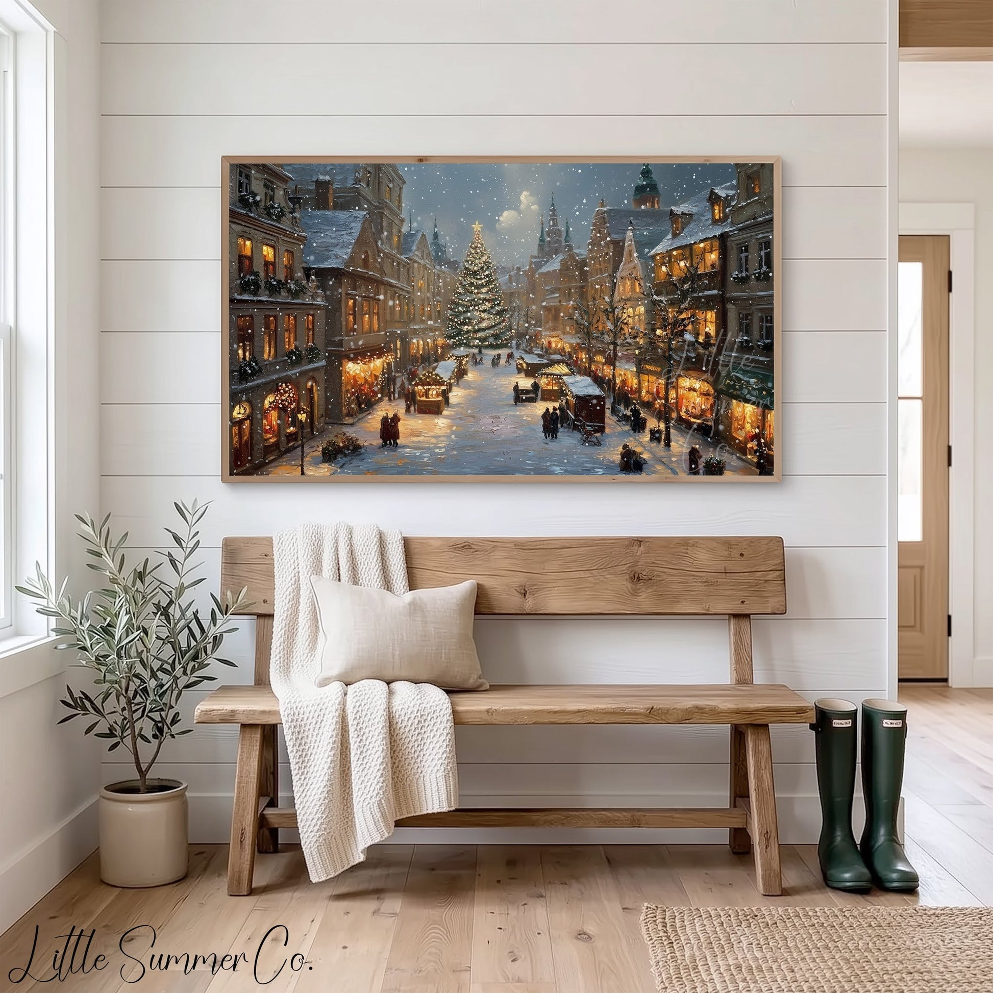 Christmas Market Town Square Frame TV Art displayed on a TV