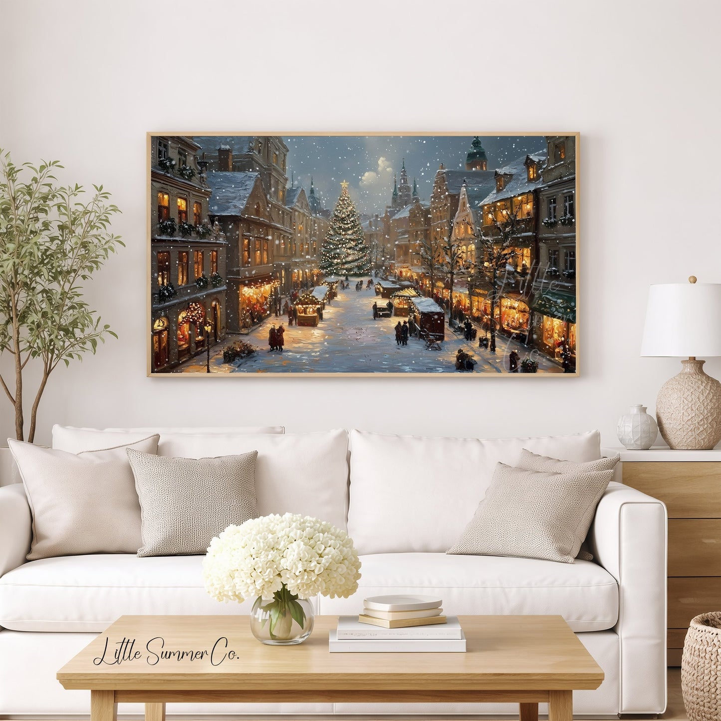 Christmas Market Town Square Frame TV Art displayed on a TV