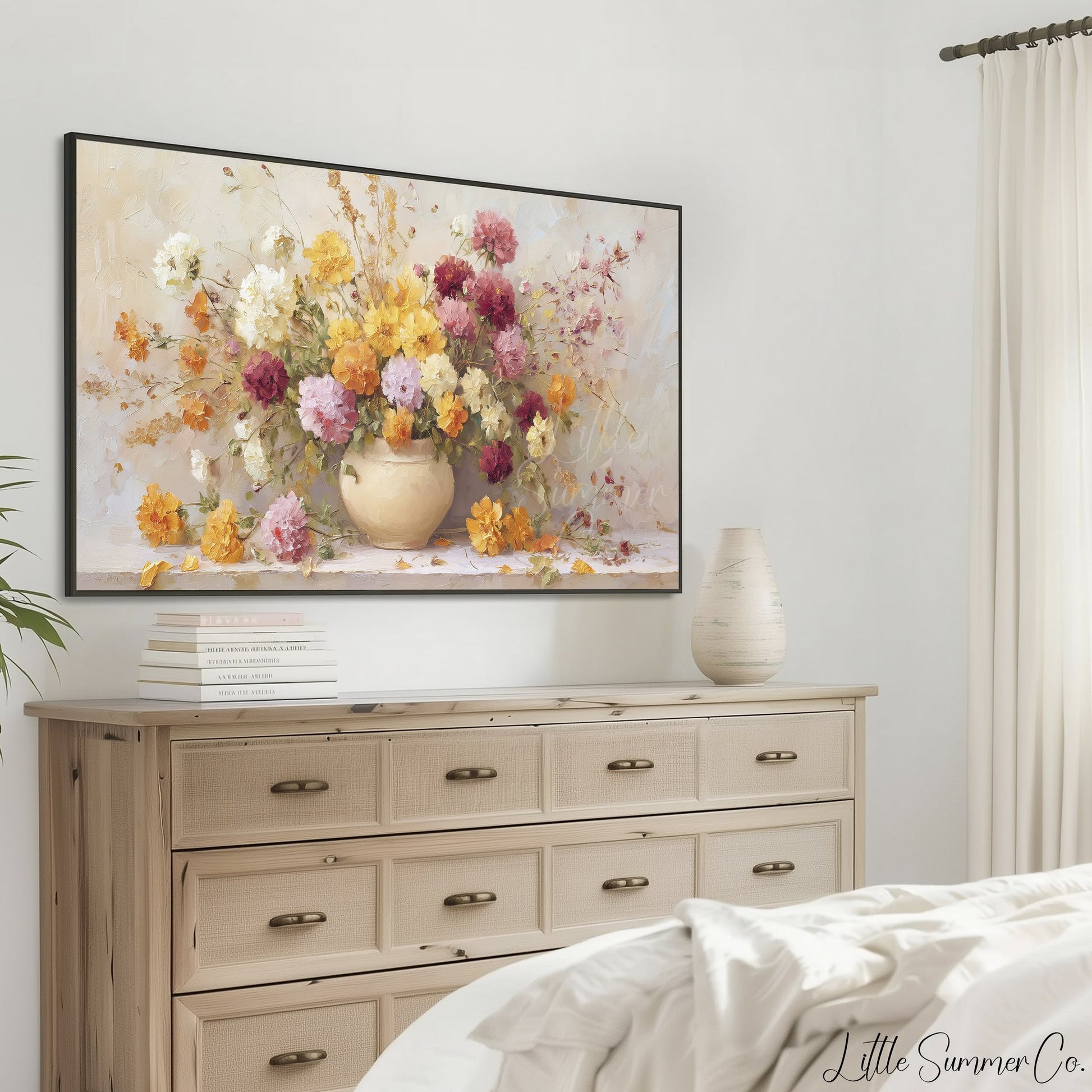 Colourful Mixed Blooms in Vase Frame TV Art displayed on a TV
