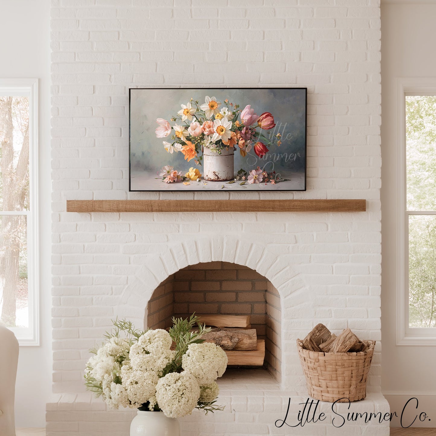 Daffodils and Tulips in Tin Frame TV Art displayed on a TV