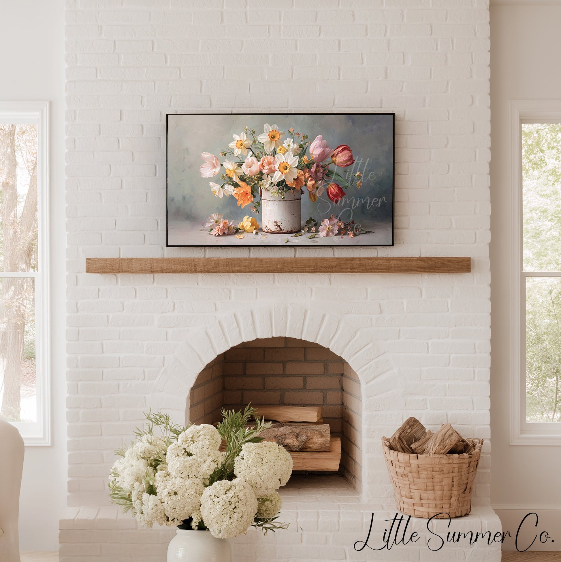 Daffodils and Tulips in Tin Frame TV Art displayed on a TV