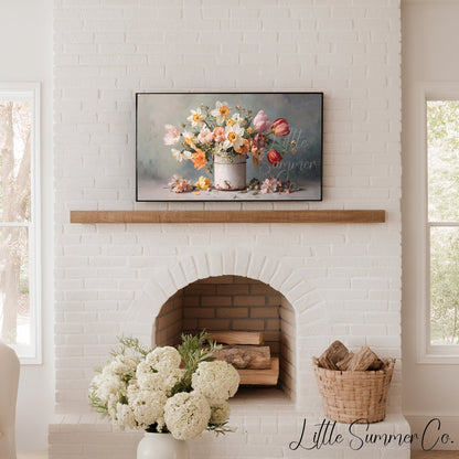 Daffodils and Tulips in Tin Frame TV Art displayed on a TV