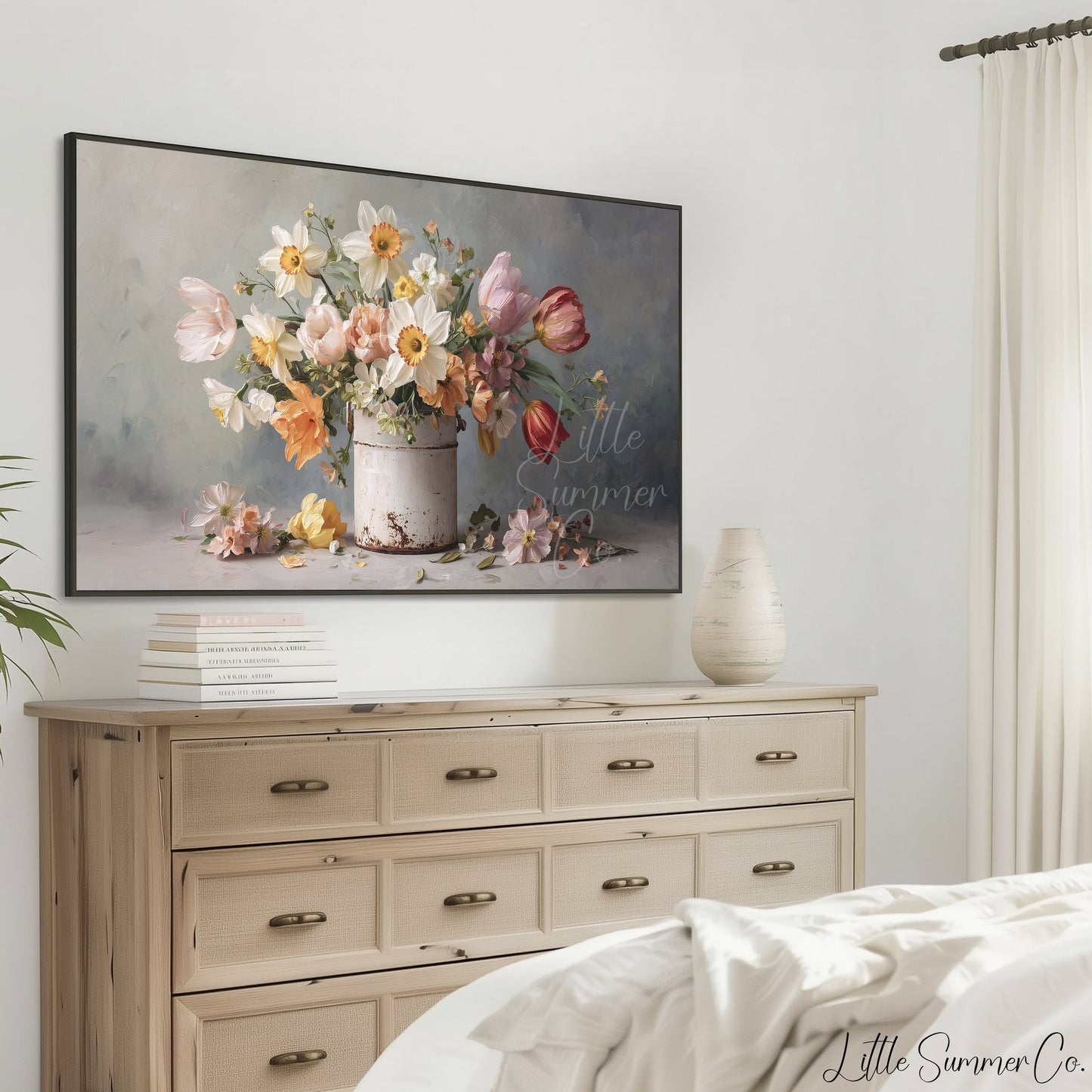 Daffodils and Tulips in Tin Frame TV Art displayed on a TV