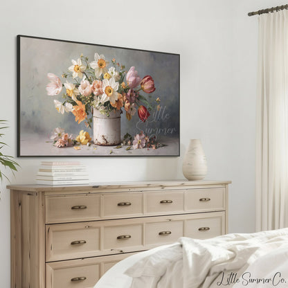 Daffodils and Tulips in Tin Frame TV Art displayed on a TV