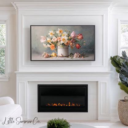 Daffodils and Tulips in Tin Frame TV Art displayed on a TV