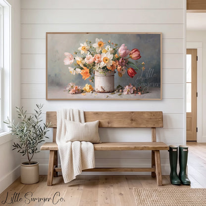 Daffodils and Tulips in Tin Frame TV Art displayed on a TV