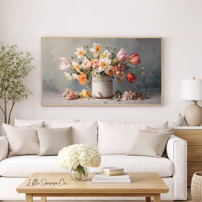 Daffodils and Tulips in Tin Frame TV Art displayed on a TV