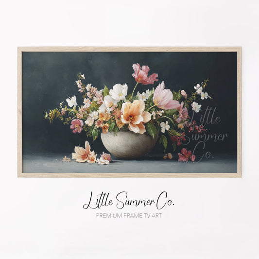 Tulips and Peonies in Bowl Frame TV Art displayed on a TV