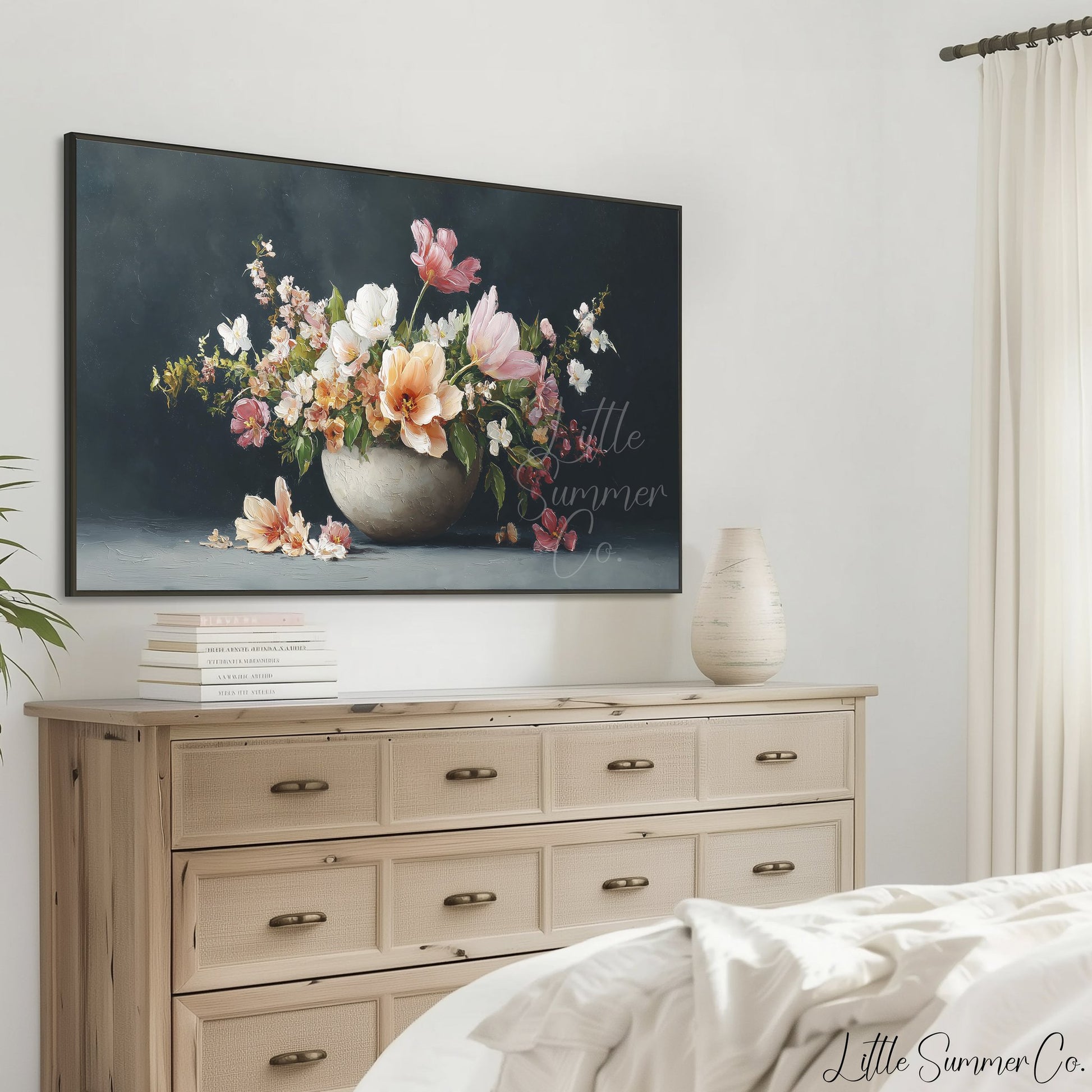 Tulips and Peonies in Bowl Frame TV Art displayed on a TV