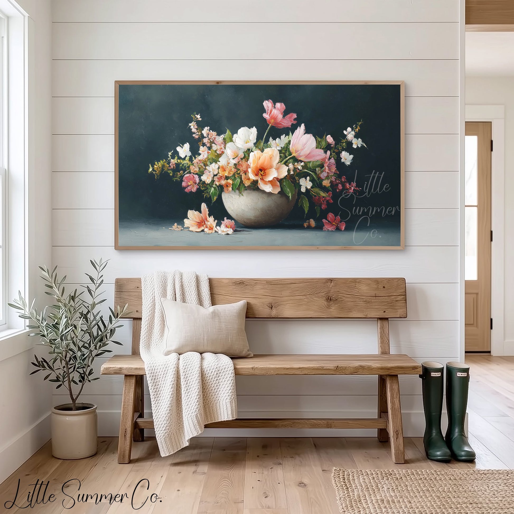 Tulips and Peonies in Bowl Frame TV Art displayed on a TV