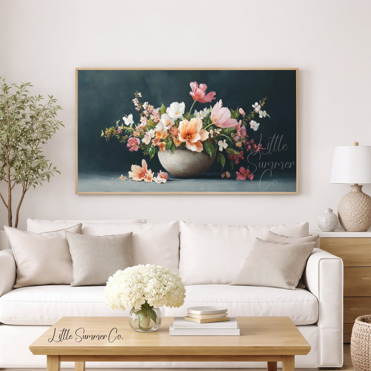 Tulips and Peonies in Bowl Frame TV Art displayed on a TV