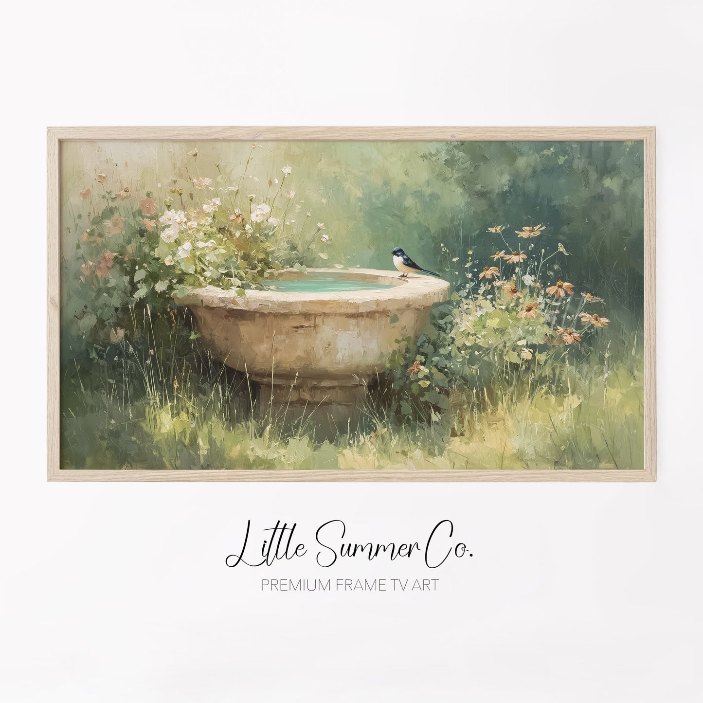 Swallow On Garden Birdbath Frame TV Art displayed on a TV