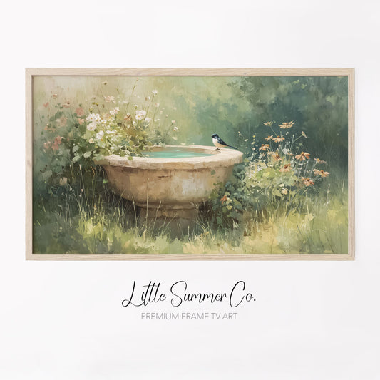 Swallow On Garden Birdbath Frame TV Art displayed on a TV