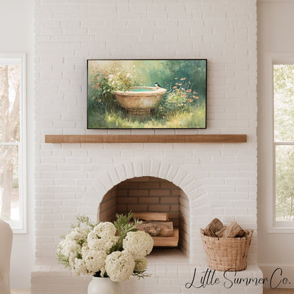 Swallow On Garden Birdbath Frame TV Art displayed on a TV