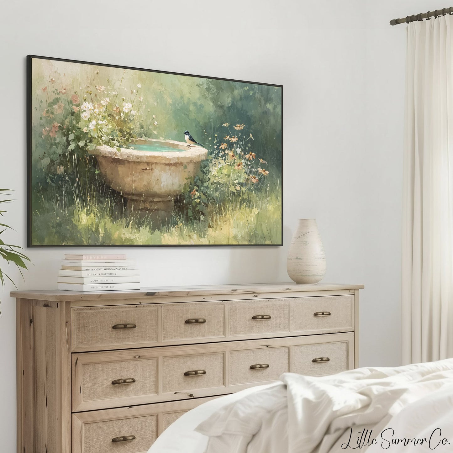 Swallow On Garden Birdbath Frame TV Art displayed on a TV