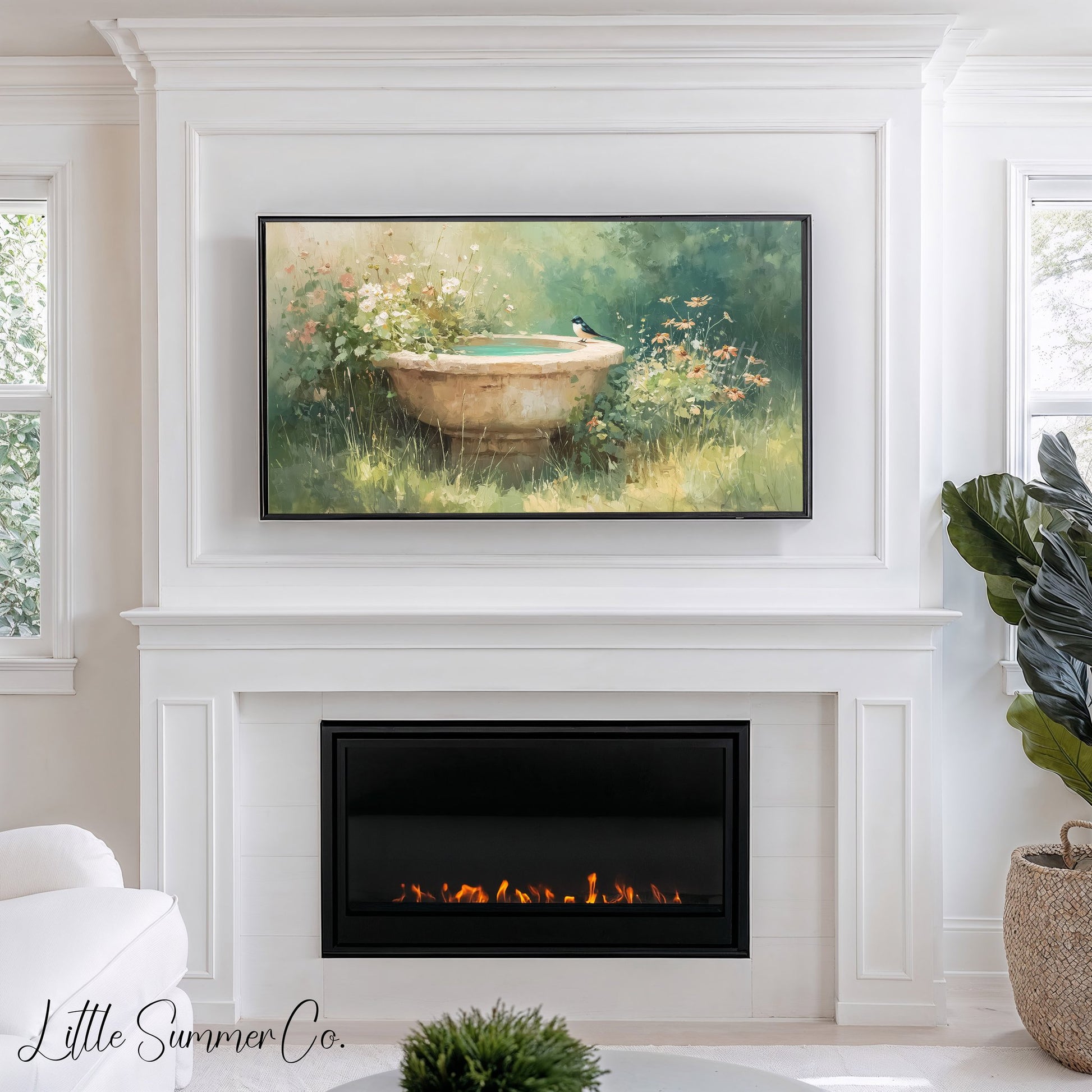 Swallow On Garden Birdbath Frame TV Art displayed on a TV