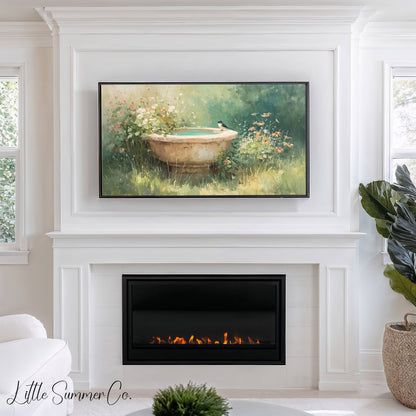 Swallow On Garden Birdbath Frame TV Art displayed on a TV