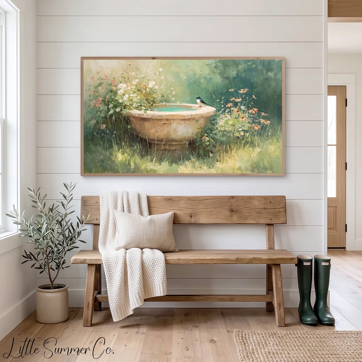 Swallow On Garden Birdbath Frame TV Art displayed on a TV