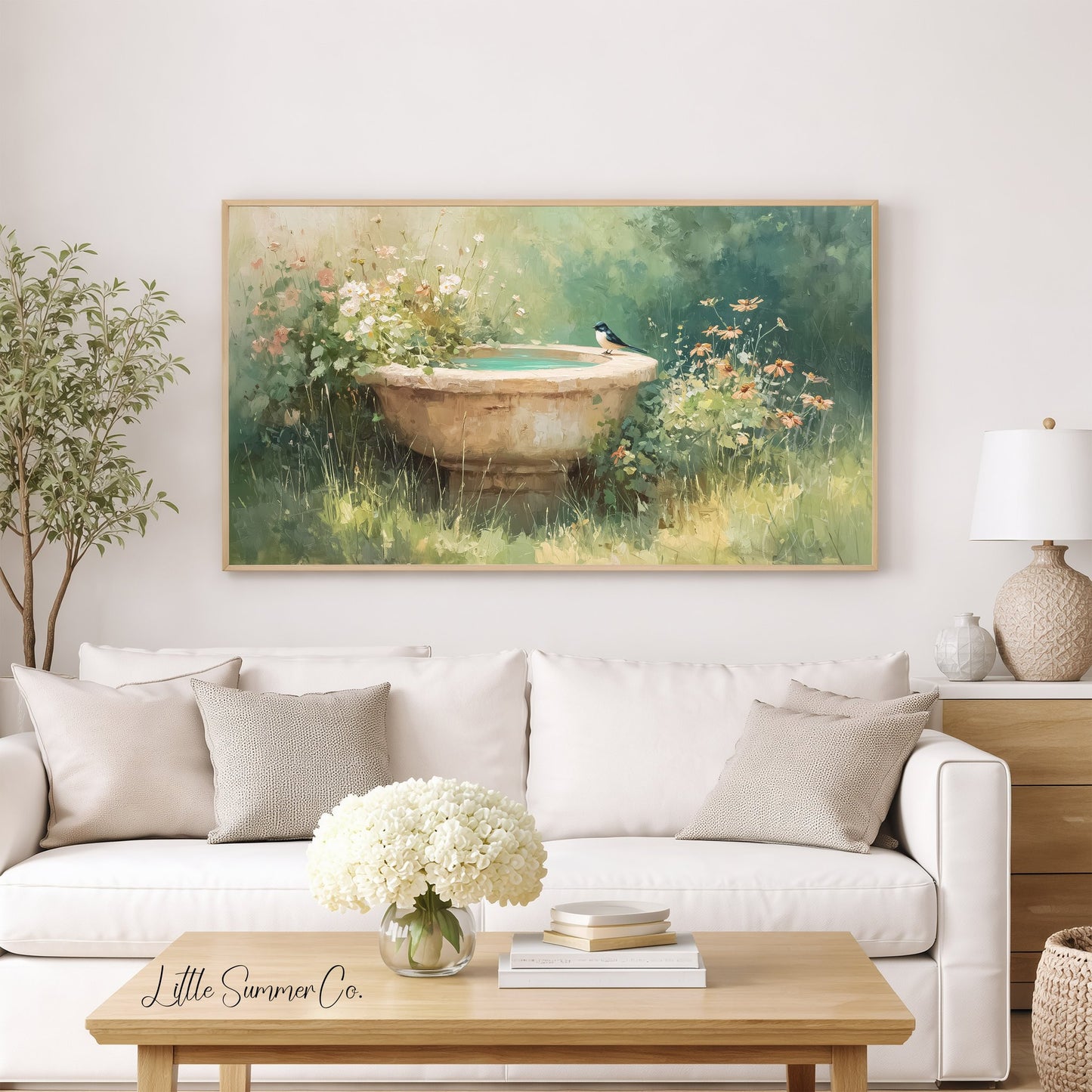 Swallow On Garden Birdbath Frame TV Art displayed on a TV