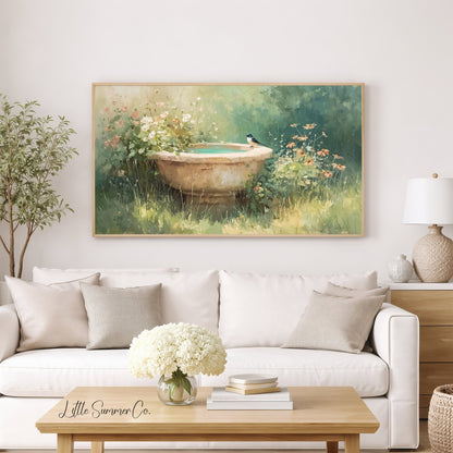 Swallow On Garden Birdbath Frame TV Art displayed on a TV