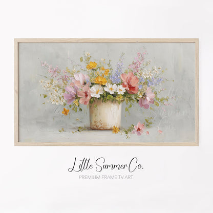 Mixed Wildflowers Rustic Pot Frame TV Art displayed on a TV