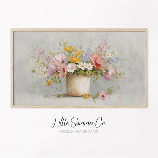 Mixed Wildflowers Rustic Pot Frame TV Art displayed on a TV