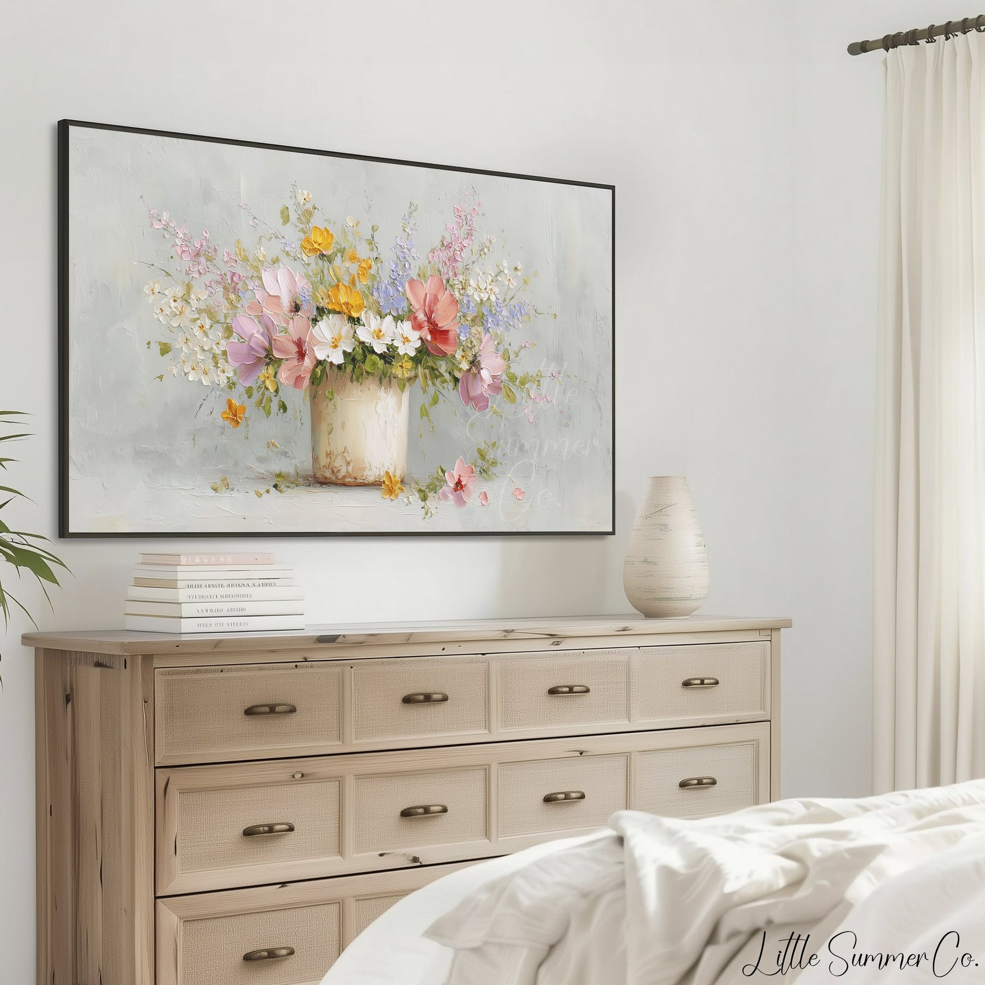 Mixed Wildflowers Rustic Pot Frame TV Art displayed on a TV