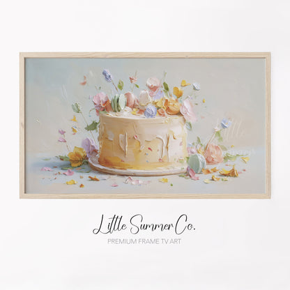 Celebration Cake with Flowers Frame TV Art displayed on a TV