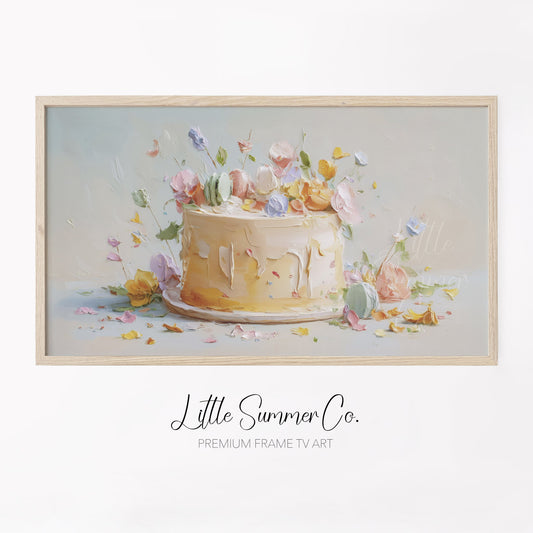 Celebration Cake with Flowers Frame TV Art displayed on a TV